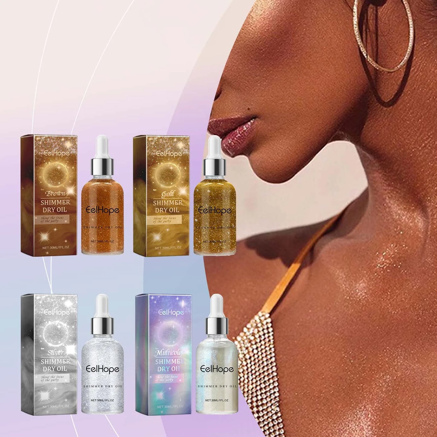 Eelhope Body Glitter Oil Natural Face Shimmer Shiny Moisturizing Waterproof Lasting Skin Brightening Liquid for Summer Party