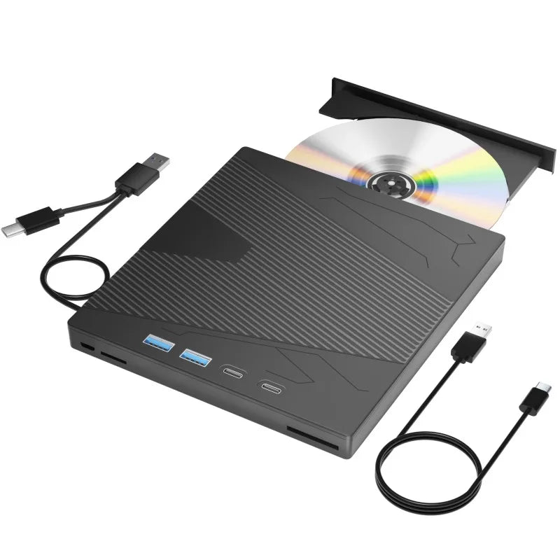 USB3.0 & Type-C External CD DVD Drive with 4 USB Ports and TF/SD Card Slot CD/DVD Burner Writer Reader Player for Laptop MacBook