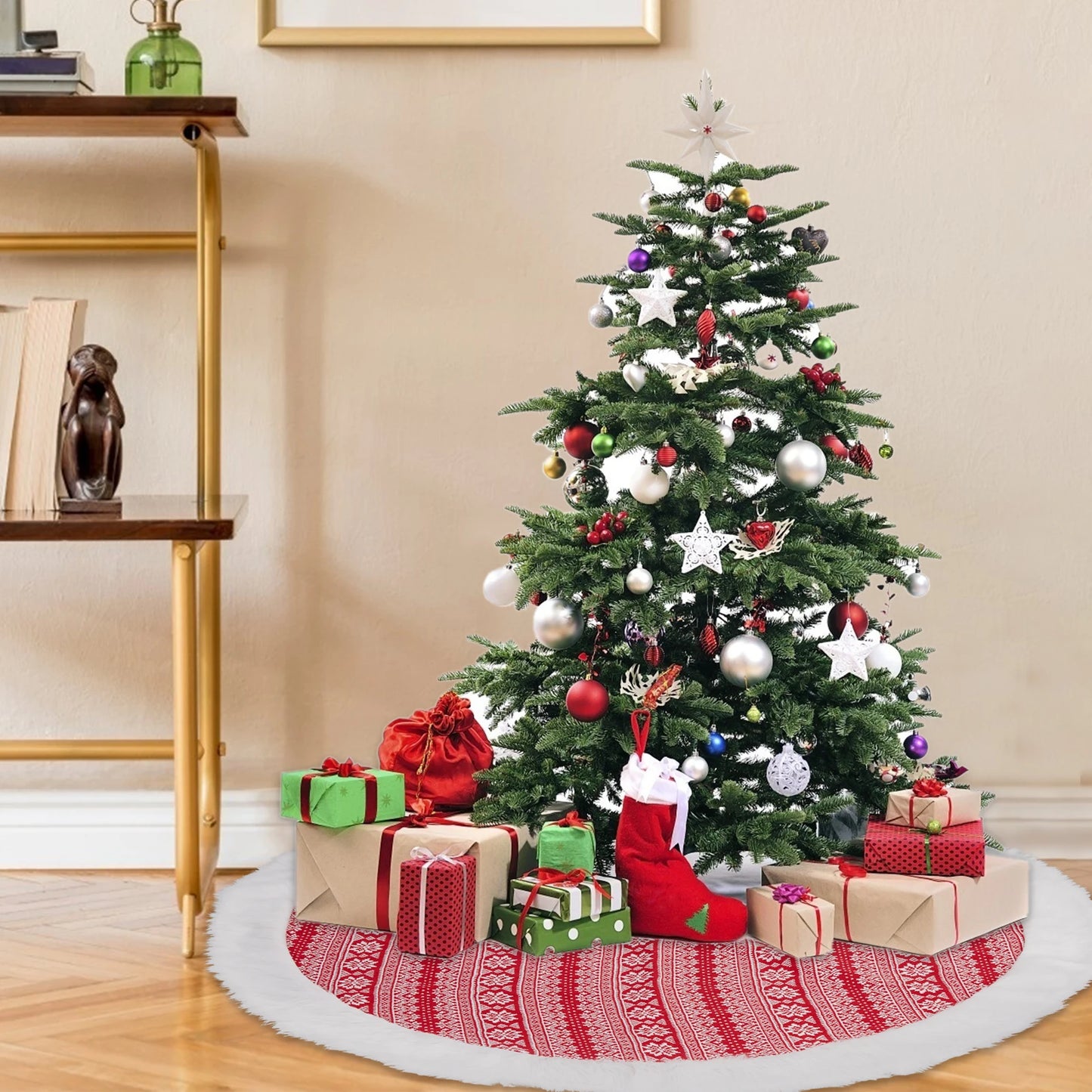 48 Inch Christmas Tree Skirt For Holiday New Year Large Tree Red White Plaid Christmas Tree Skirt Red, Xmas Tree Skirt