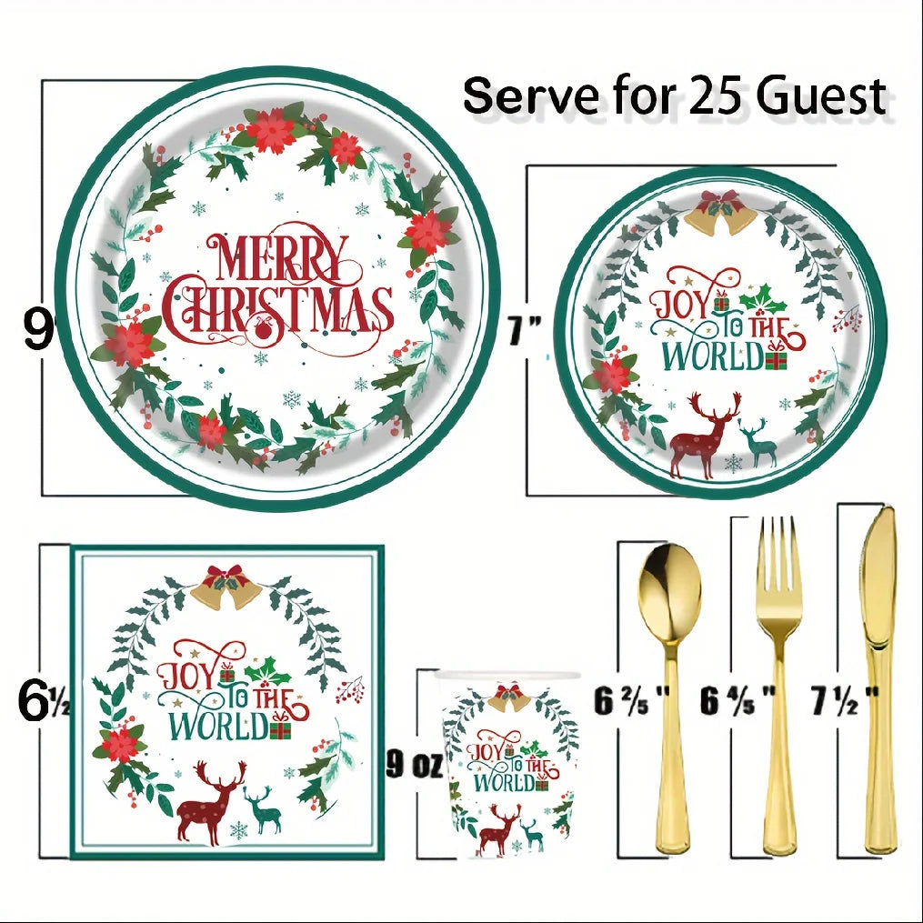 177 Pcs MERRY Christmas Disposable Plate : Holiday Poinsettia Flower Disposable Paper, Dinner Plates, Dessert Plates Tablewares