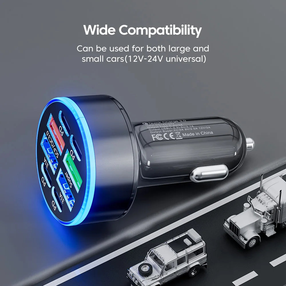 100W 6 Ports Car Charger Fast Charging USB Type C Car Lighter PD QC3.0 Car Phone Charger For iPhone Samsung Huawei Xiaomi