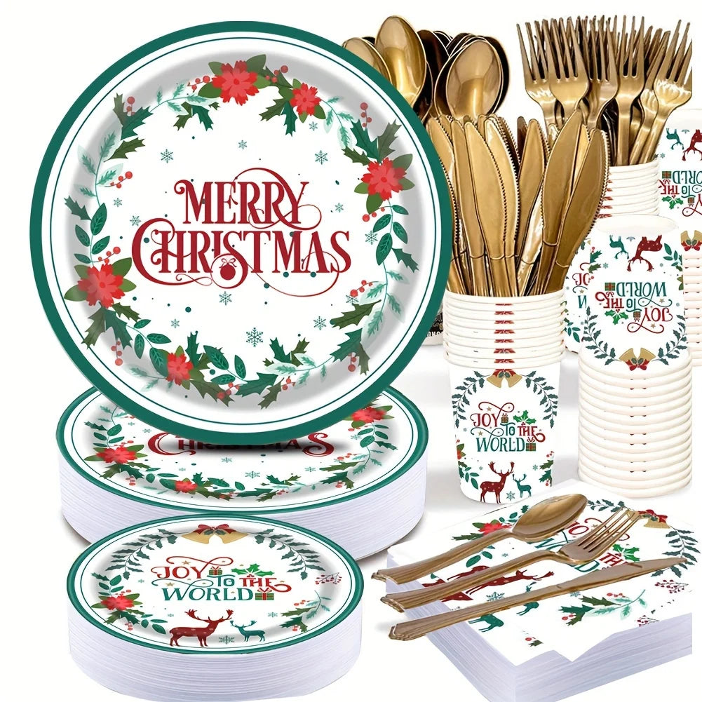 177 Pcs MERRY Christmas Disposable Plate : Holiday Poinsettia Flower Disposable Paper, Dinner Plates, Dessert Plates Tablewares