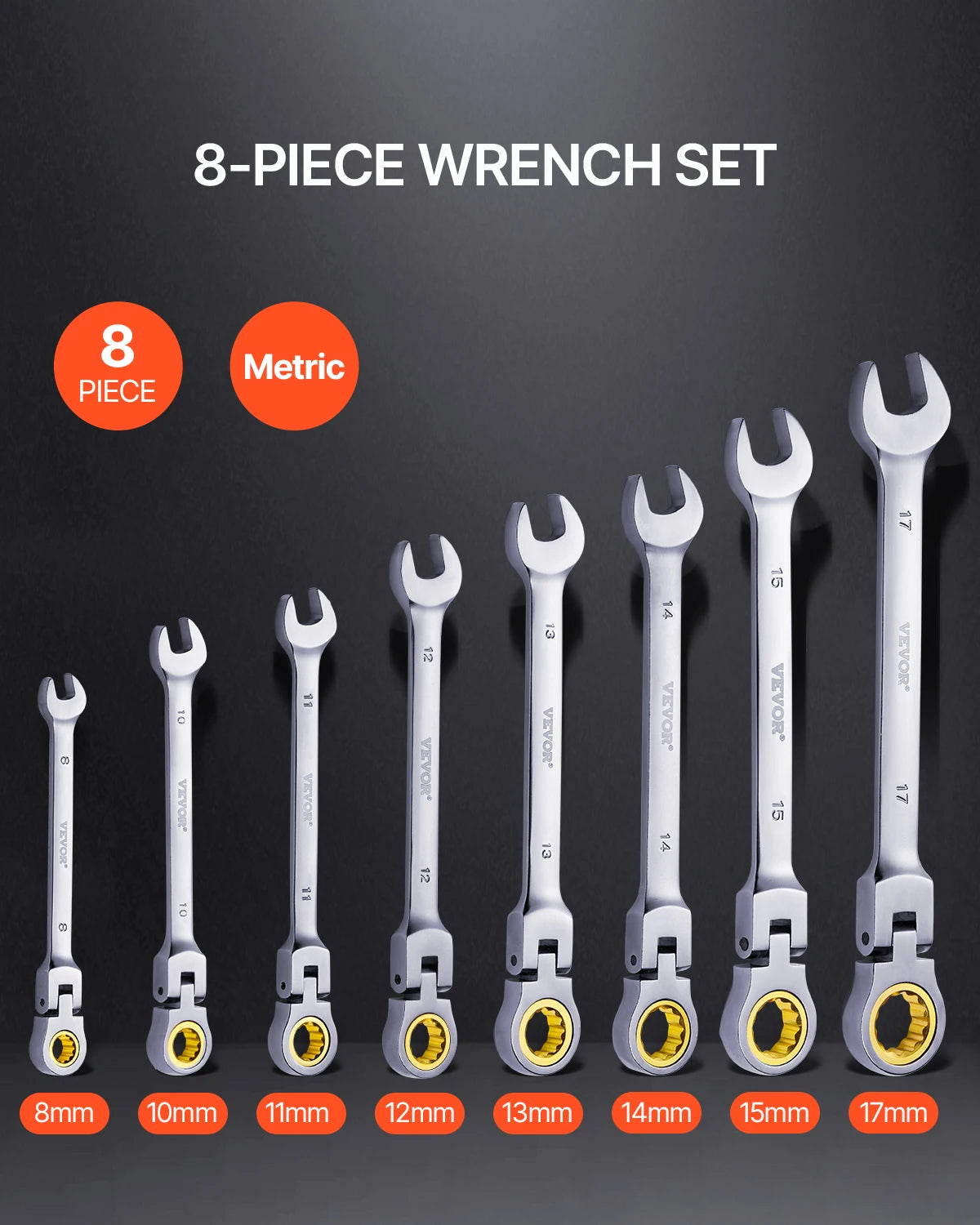 Flex-Head Ratcheting Wrench Set 8pcs Combination Wrench Set Roll-up Pouch Steel Flexible Ratcheting Wrench Set SAE Metric