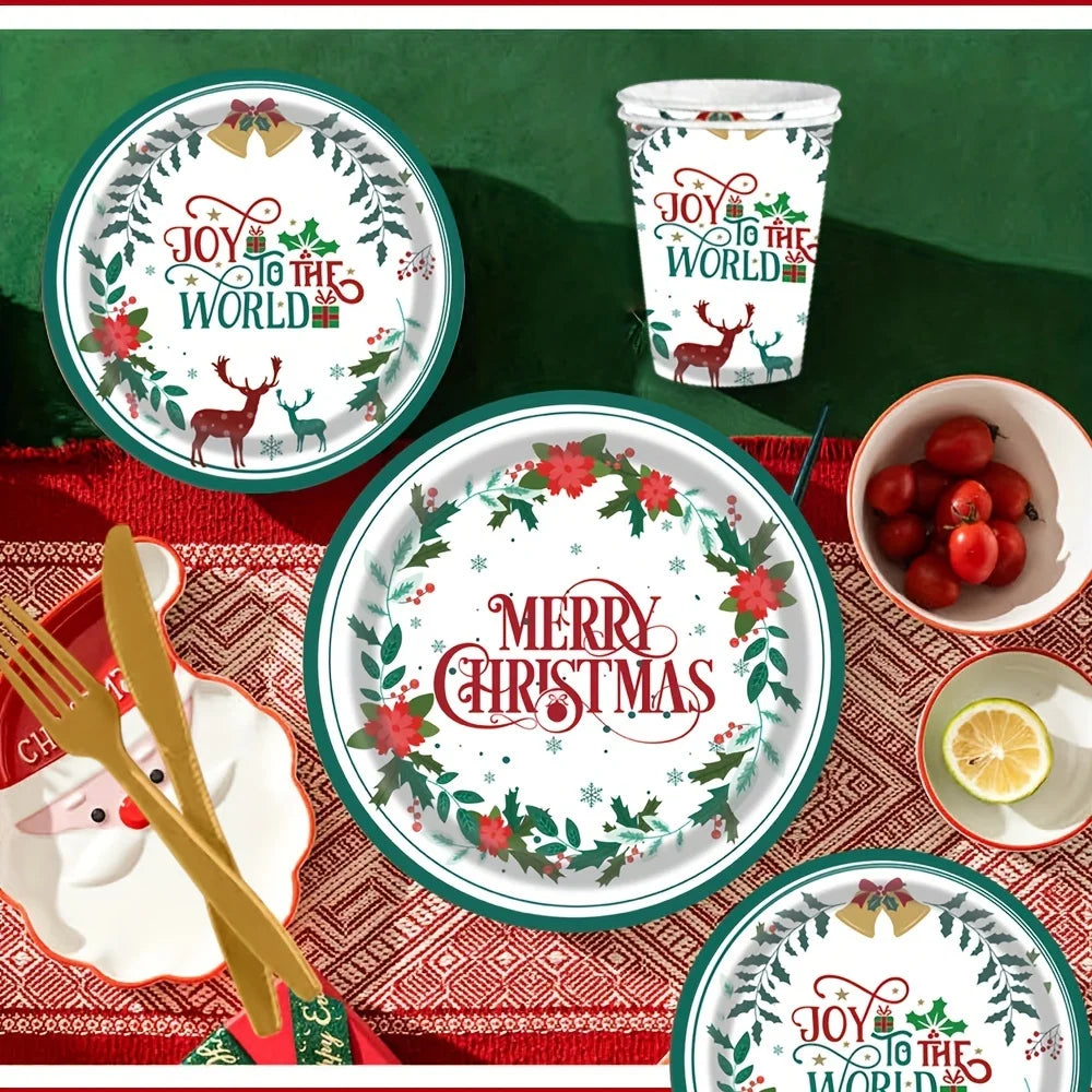 177 Pcs MERRY Christmas Disposable Plate : Holiday Poinsettia Flower Disposable Paper, Dinner Plates, Dessert Plates Tablewares