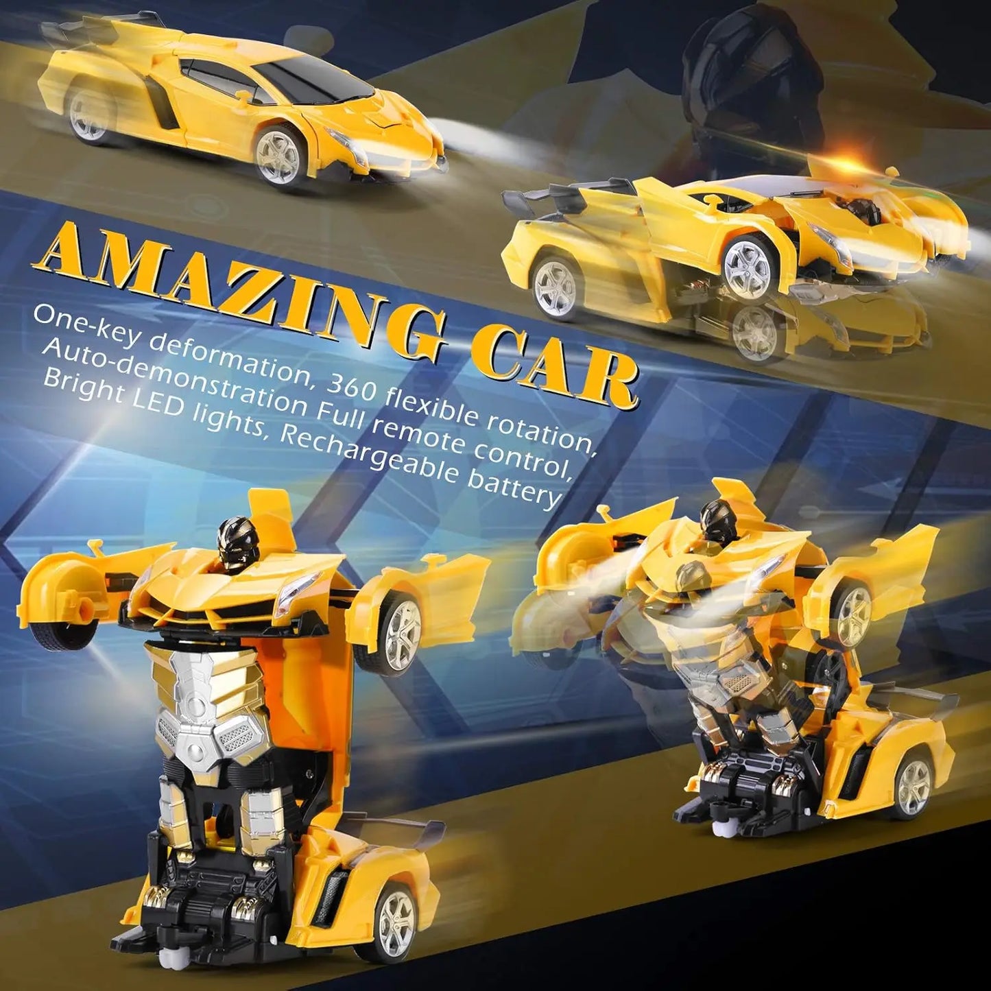 Remote Control Car - Transform Robot Toys for Kids, Rechargeable RC Cars with Lights, 360° Rotating Gifts Party Favors for Kids