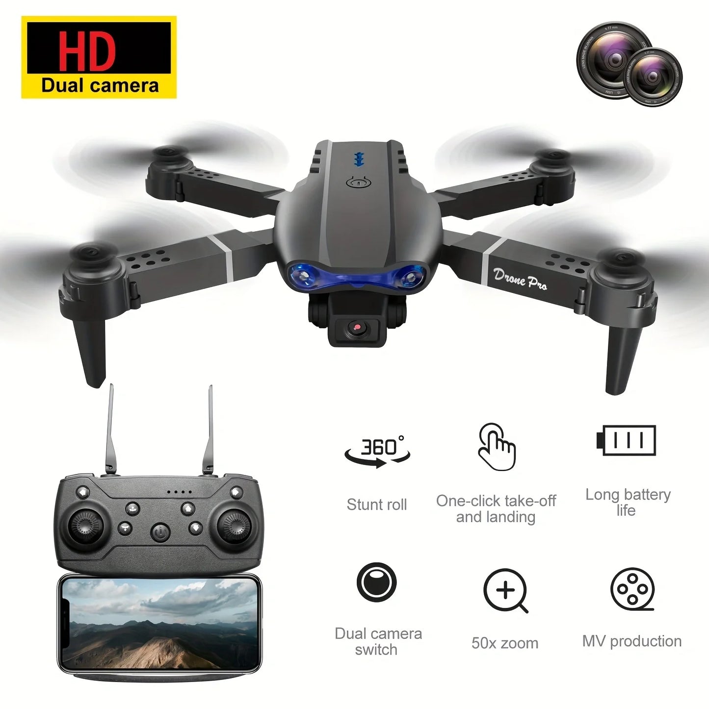Professional RC Drone, Dual Camera Double Folding RC Quadcopter Height Hold Remote Control Toy, Remote Control Beginner Men'
