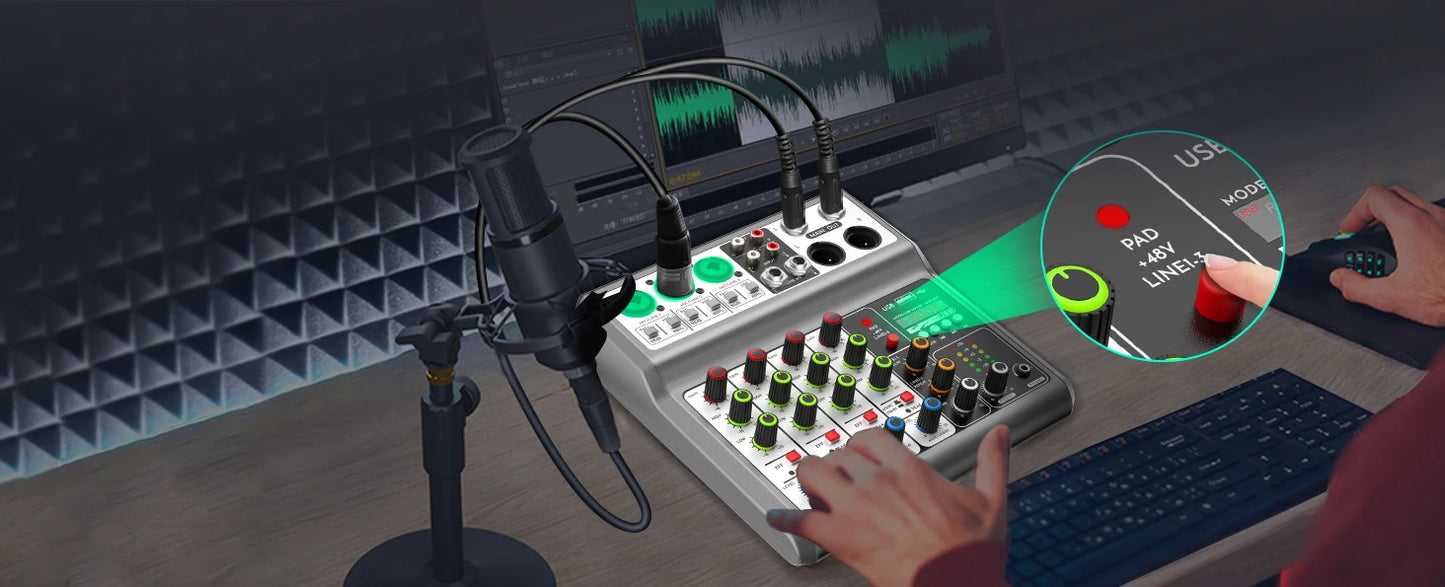 Professional Audio Mixer,Sound Board Mixing Console with 5Channel Digital USB Bluetooth Echo Delay Effect,Input 48V Stereo