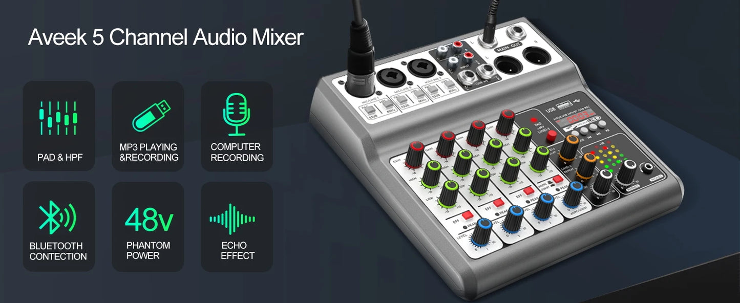 Professional Audio Mixer,Sound Board Mixing Console with 5Channel Digital USB Bluetooth Echo Delay Effect,Input 48V Stereo