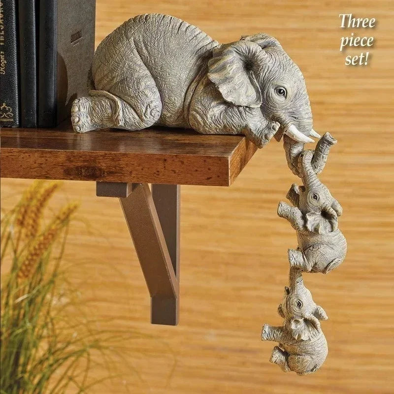 3pcs/set Cute Elephant Figurines Mother Elephant Holding Baby Elephant Hanging Off The Edge of Shelf or Table Resin Crafts