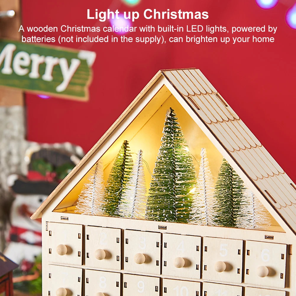 Wooden LED DIY Light Up 24 Days Countdown Calendar with 24 Empty Storage Drawers 24 Days Christmas Countdown Calendar for Kids
