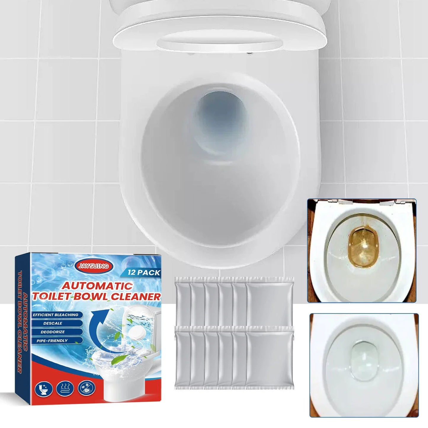 Bleach Toilet Cleaner Tablets, Stain Removal, Mint, Ceramic-Safe, No-Residue, 12pcs