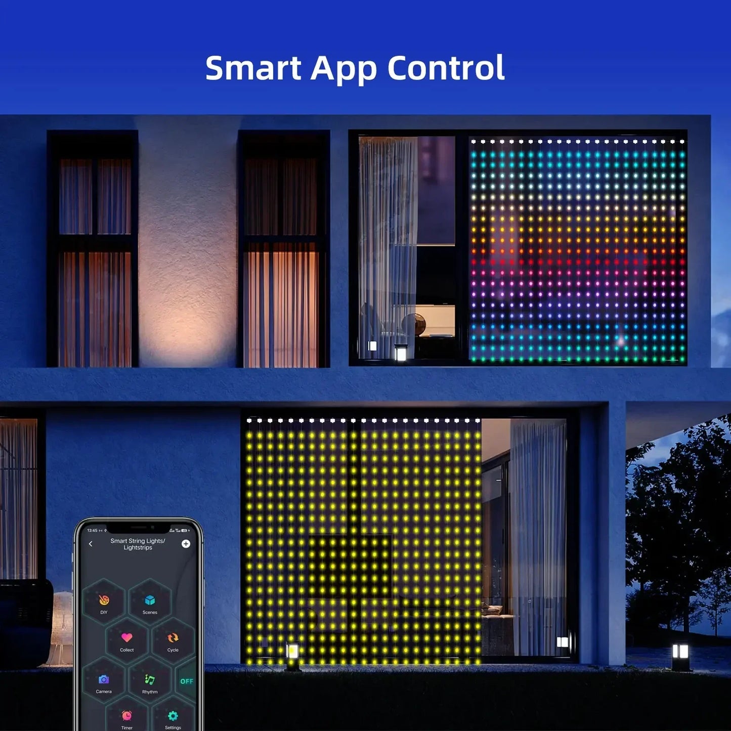 Smart Curtain Lights String App Controlled LED Window Hanging Curtain Lights 300/200 LED RGB Color Music Pattern Change Display