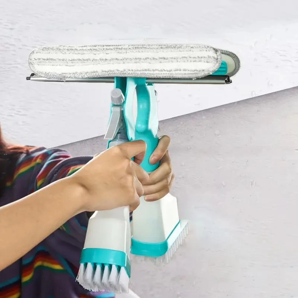 4-in-1 Glass Wiper with Spray Bottle, Scraper, Scrub Brush for Floor, Wall, Tile, Window