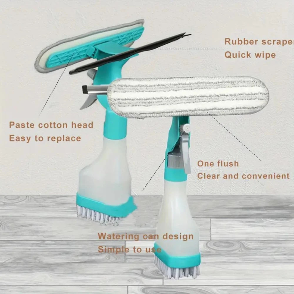4-in-1 Glass Wiper with Spray Bottle, Scraper, Scrub Brush for Floor, Wall, Tile, Window