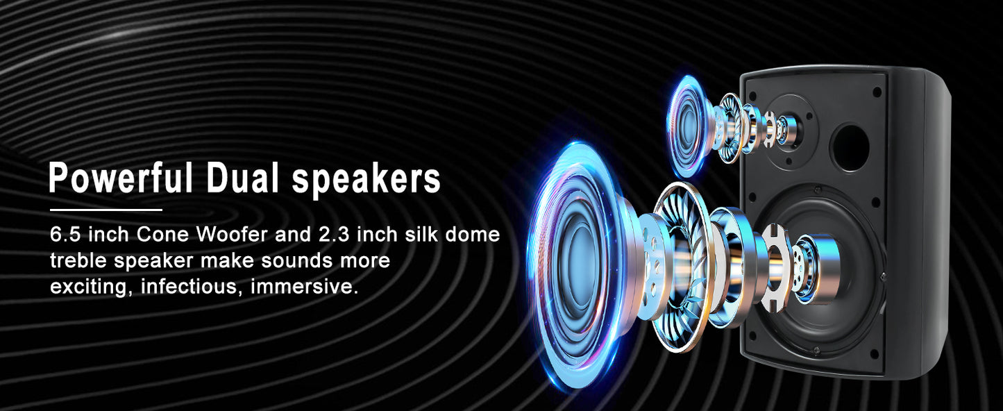 Herdio 800W 6.5 Inch Outdoor Speakers Bluetooth Waterproof Wired Tweeter Wall Mounted Subwoofer for Patio Home Theater,2 Pairs