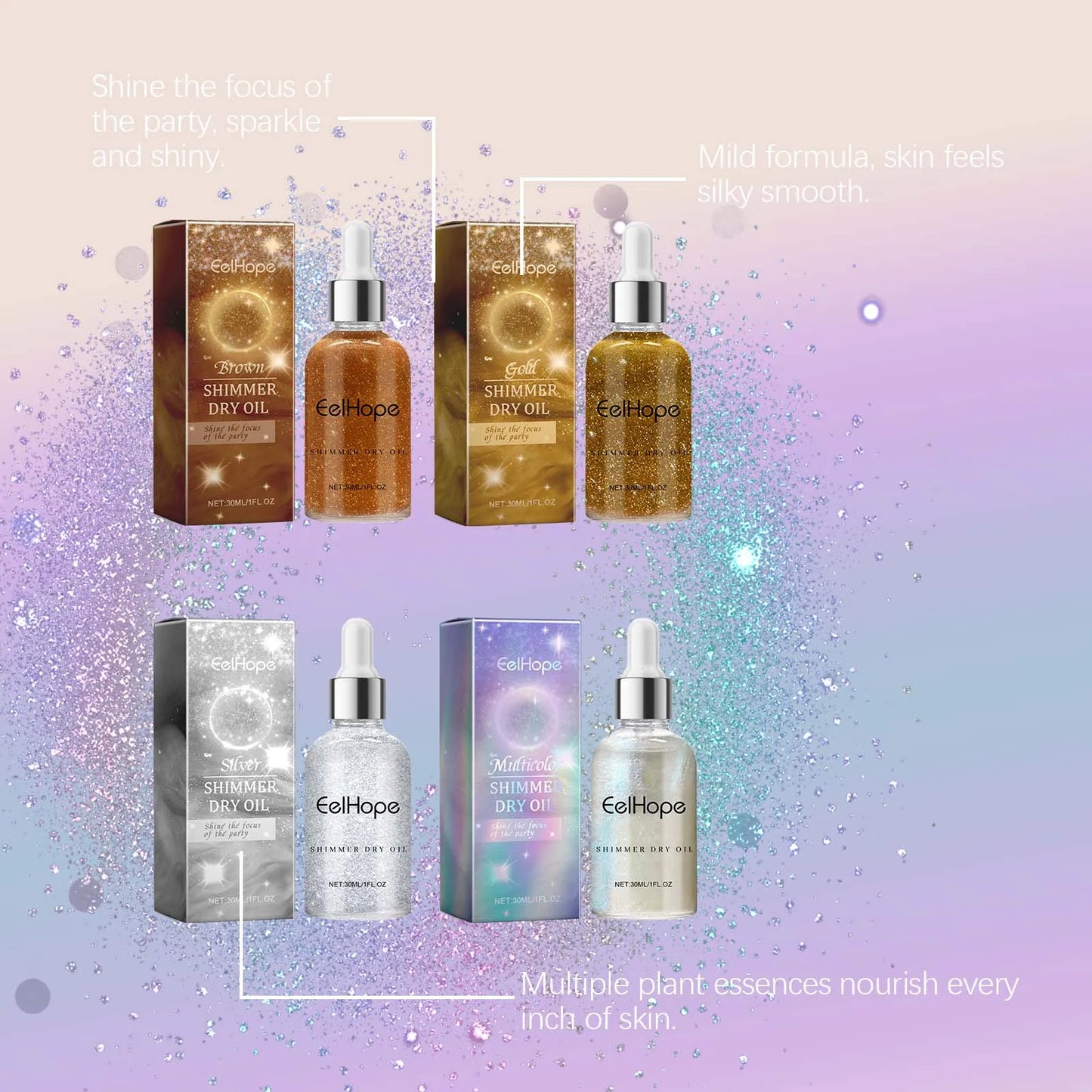 Eelhope Body Glitter Oil Natural Face Shimmer Shiny Moisturizing Waterproof Lasting Skin Brightening Liquid for Summer Party