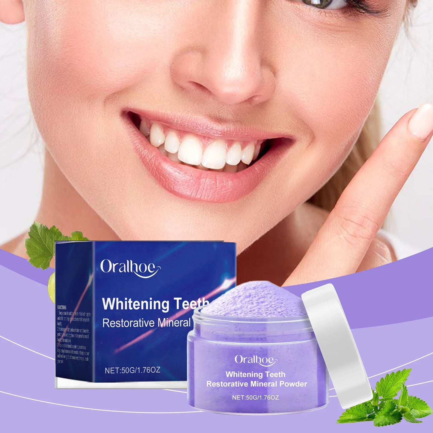 Oralhoe 50g Whitening Tooth Powder Purple Teeth Bleaching Oral Hygiene Care Remove Stains Clean Fresh Breath Purple Teeth Powder