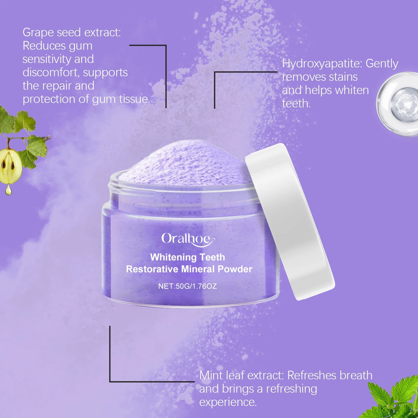 Oralhoe 50g Whitening Tooth Powder Purple Teeth Bleaching Oral Hygiene Care Remove Stains Clean Fresh Breath Purple Teeth Powder