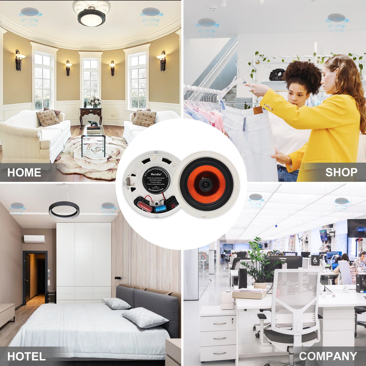 Herdio 6.5" Bluetooth Ceiling Speakers For Indoor Home Theater 600 Watts 2-Way Dome Tweeter Easy Installation 4 Speakers