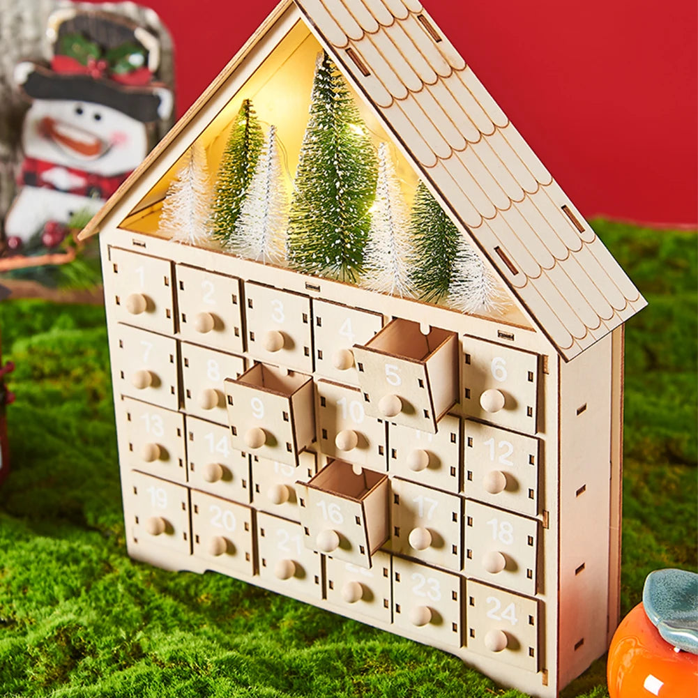 Wooden LED DIY Light Up 24 Days Countdown Calendar with 24 Empty Storage Drawers 24 Days Christmas Countdown Calendar for Kids