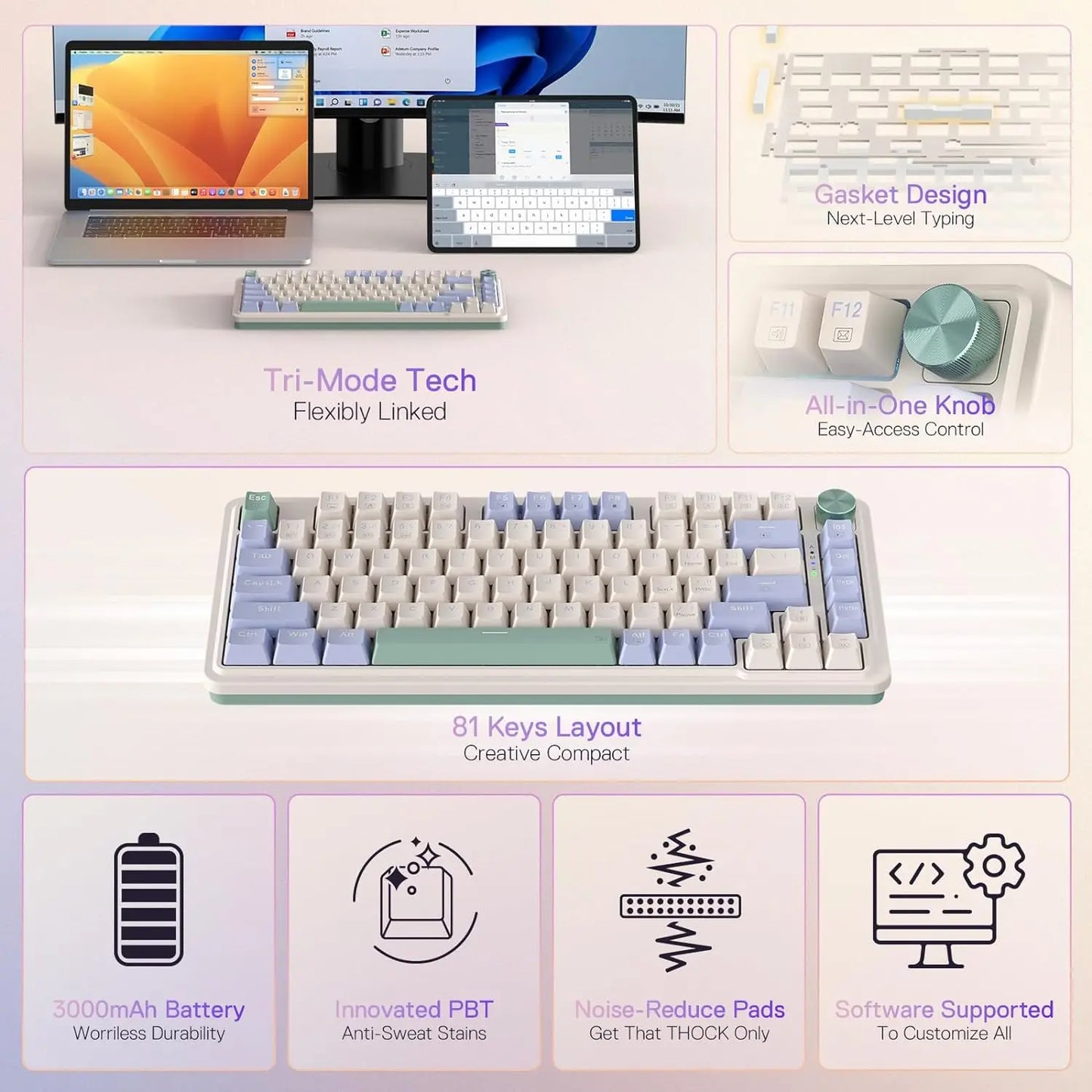 Redragon K673 PRO 75% Wireless Gasket RGB 3-Modes 81 Keys Compact Mechanical Hot-SwapGaming Keyboard
