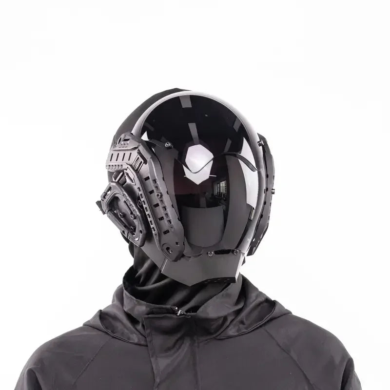Handmade mechanical style Cyber futuristic technology mask, black unlit punk mask, Halloween party, party, dance, bar