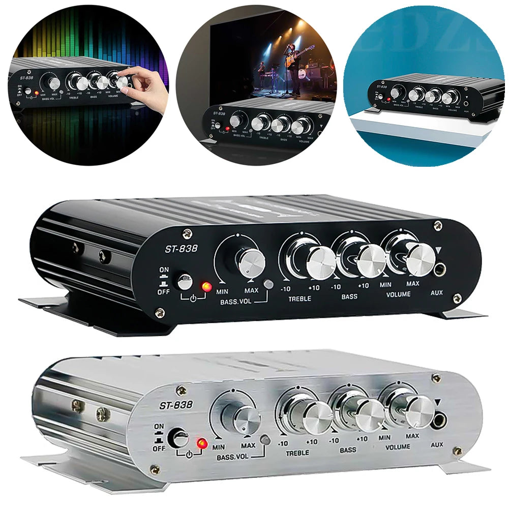 ST-838 HiFi 2.1 Channel Stereo Bass Sound Amp Bass and Treble Adjustment 80W*2 Audio Amplifier Black Car Home Amp
