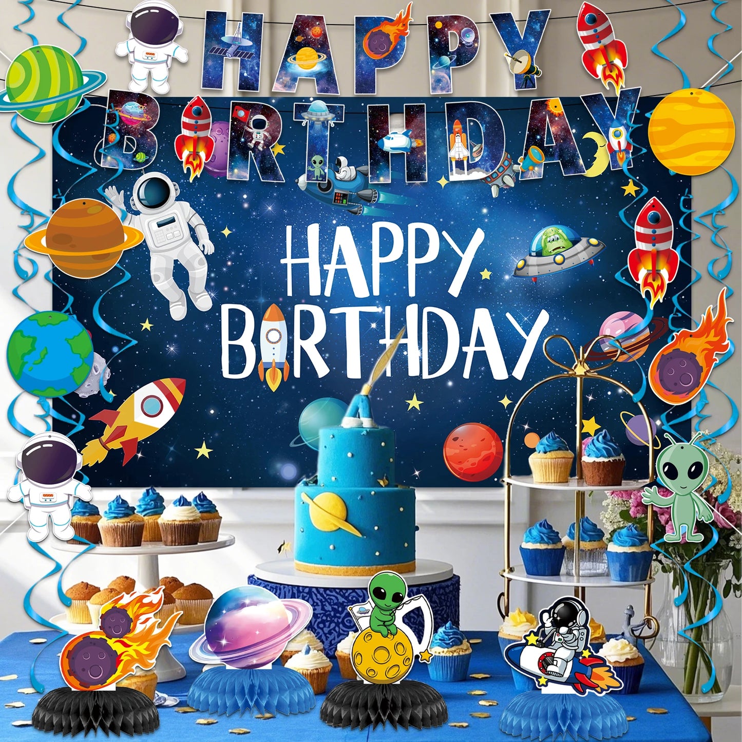 Space Birthday Party Decorations Happy Birthday Banner with Space Themed Honeycomb Centerpiece for Honeycomb Centerpiece