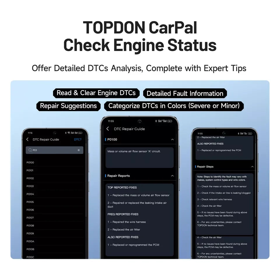 TOPDON CarPal OBD2 Code Reader Scanner Car Health Check Smog Check Battery Test Full System Scan 6 Reset Services