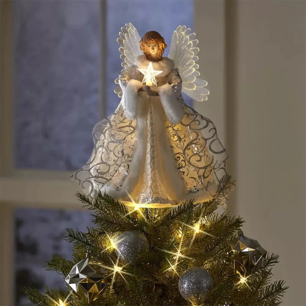 Angel Tree Topper Pendant Christmas Angel Decoration with Lights Lighted Tree Topper Ornament for Indoor Office Tree Decoration