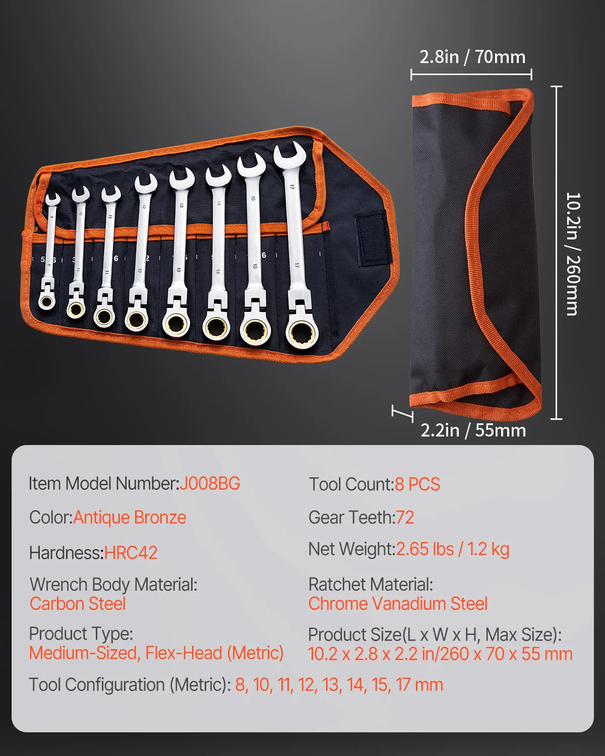 Flex-Head Ratcheting Wrench Set 8pcs Combination Wrench Set Roll-up Pouch Steel Flexible Ratcheting Wrench Set SAE Metric