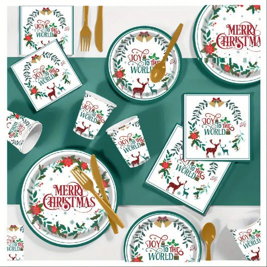 177 Pcs MERRY Christmas Disposable Plate : Holiday Poinsettia Flower Disposable Paper, Dinner Plates, Dessert Plates Tablewares