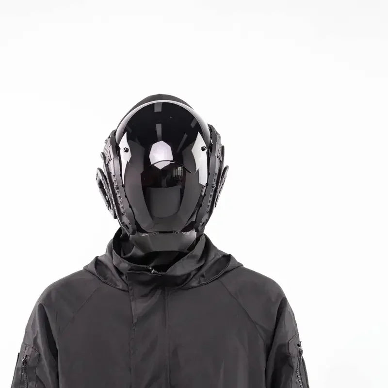 Handmade mechanical style Cyber futuristic technology mask, black unlit punk mask, Halloween party, party, dance, bar