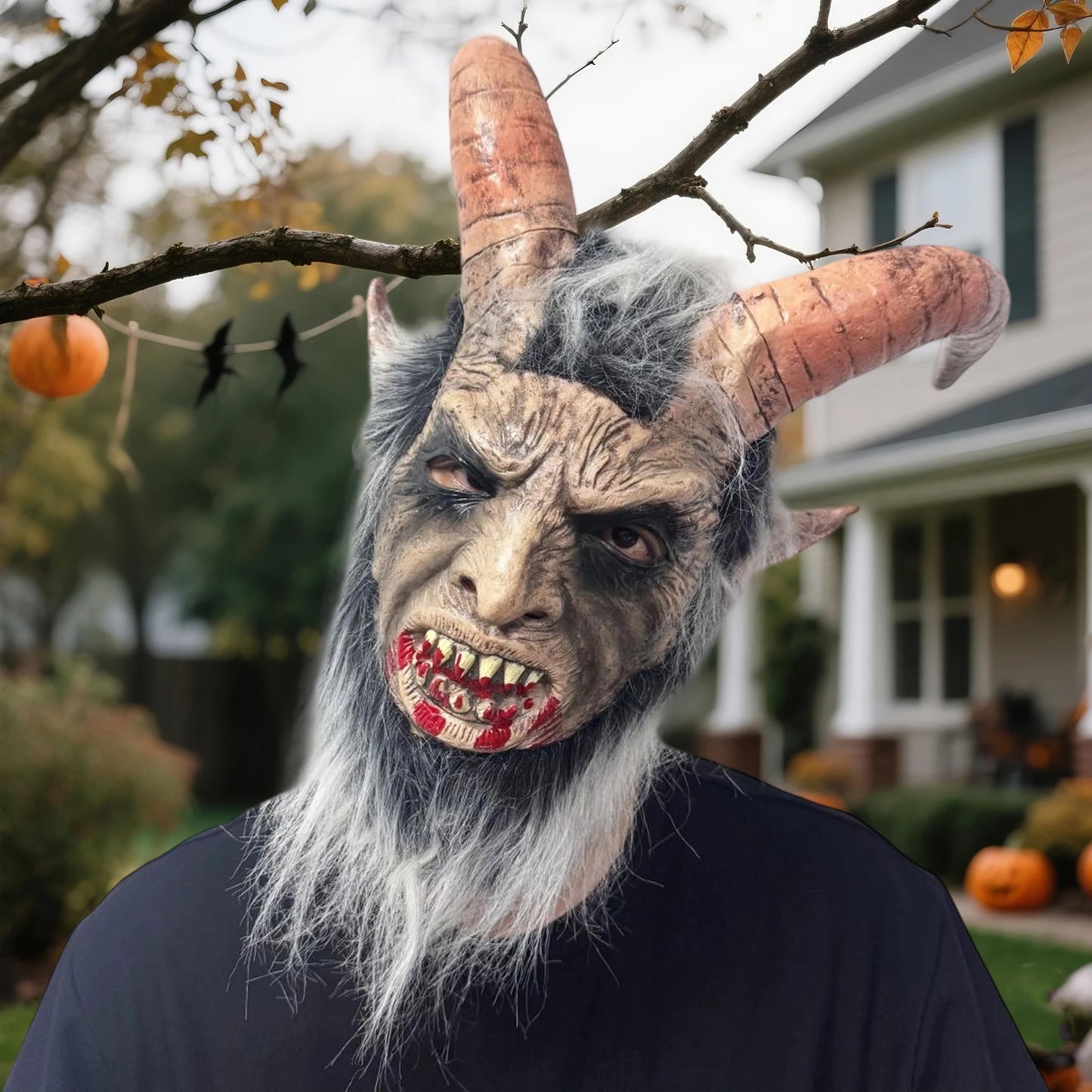 Demon Latex Mask with Horns and Bloodied Mouth for Halloween Party Costume Headgear and Cosplay Accessories