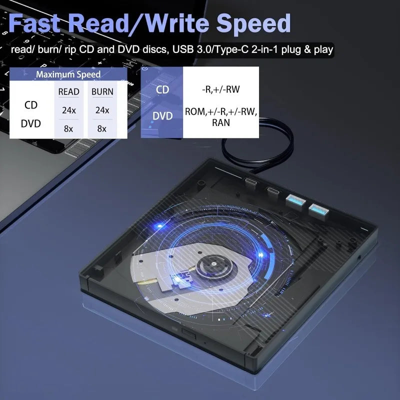 USB3.0 & Type-C External CD DVD Drive with 4 USB Ports and TF/SD Card Slot CD/DVD Burner Writer Reader Player for Laptop MacBook