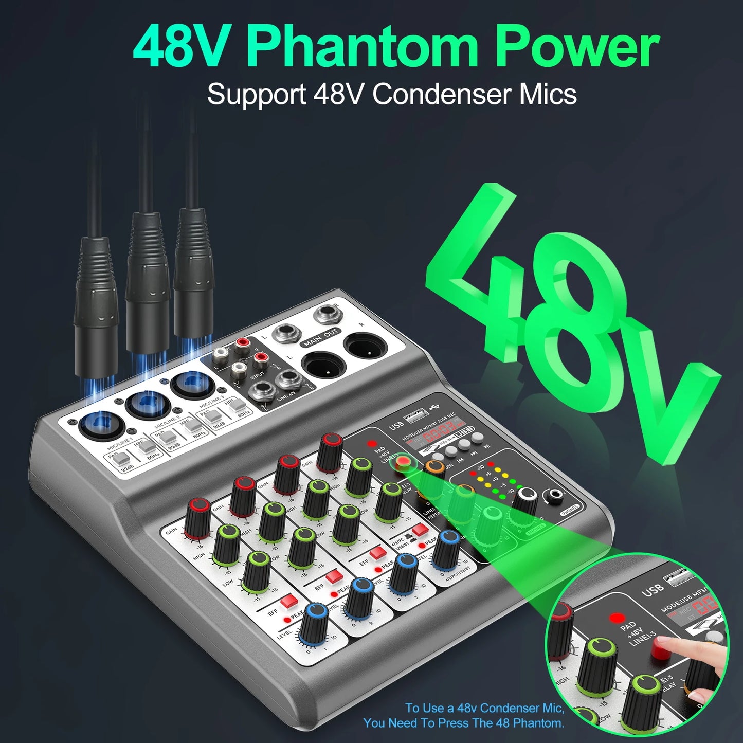 Professional Audio Mixer,Sound Board Mixing Console with 5Channel Digital USB Bluetooth Echo Delay Effect,Input 48V Stereo