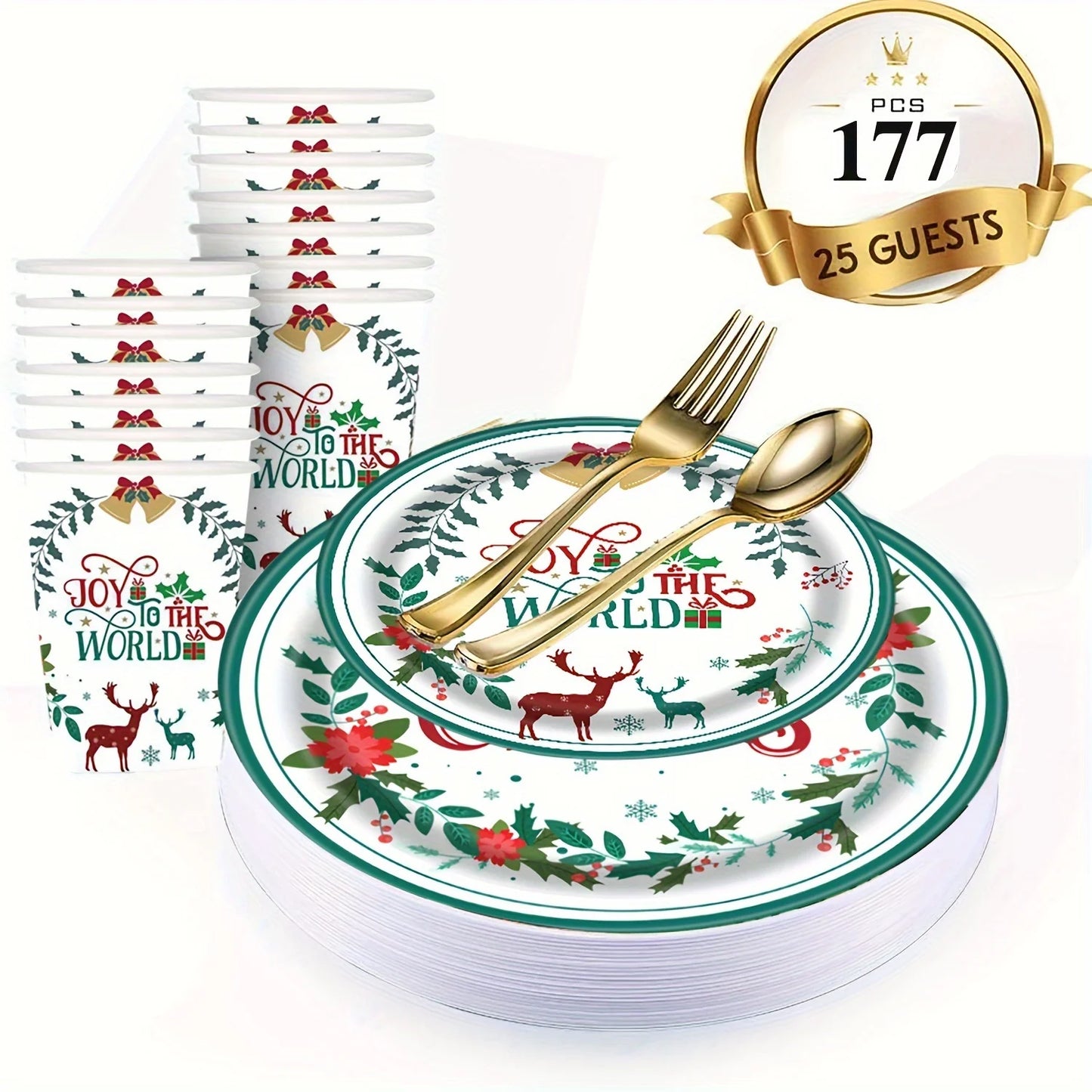 177 Pcs MERRY Christmas Disposable Plate : Holiday Poinsettia Flower Disposable Paper, Dinner Plates, Dessert Plates Tablewares