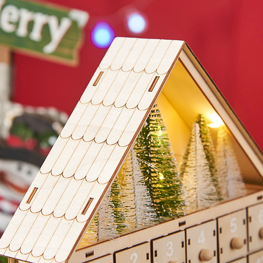 Wooden LED DIY Light Up 24 Days Countdown Calendar with 24 Empty Storage Drawers 24 Days Christmas Countdown Calendar for Kids