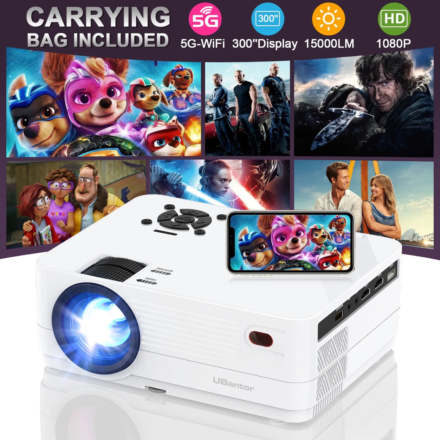Native 1080P 5G WiFi Bluetooth Projector/15000LM Full HD Movie Projector/300" Display for Outdoor Movies Support 4k Home Theater