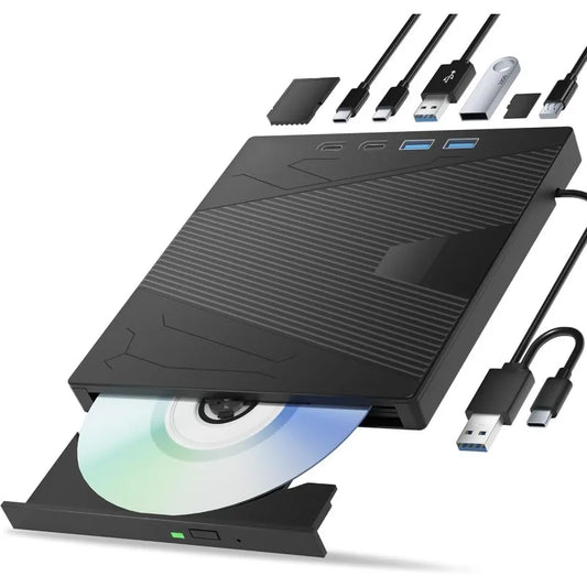 USB3.0 & Type-C External CD DVD Drive with 4 USB Ports and TF/SD Card Slot CD/DVD Burner Writer Reader Player for Laptop MacBook