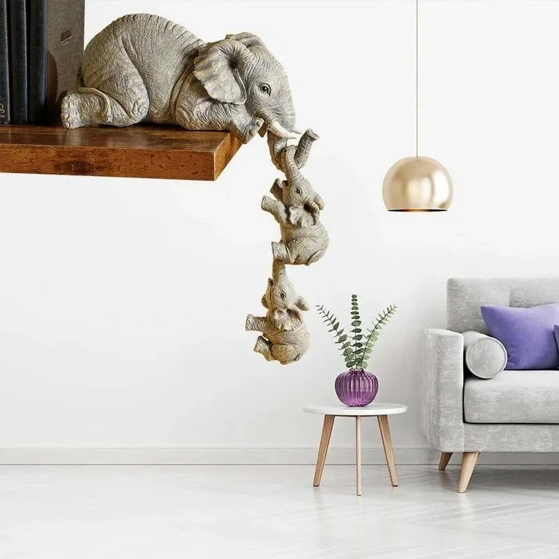 3pcs/set Cute Elephant Figurines Mother Elephant Holding Baby Elephant Hanging Off The Edge of Shelf or Table Resin Crafts