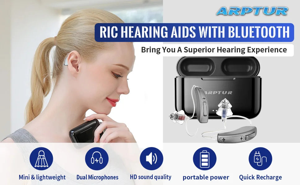 Bluetooth Hearing Aids for Seniors Rechargeable with Noice Cancelling Phone Control RIC Dual Microphone APP Hearing Test Music
