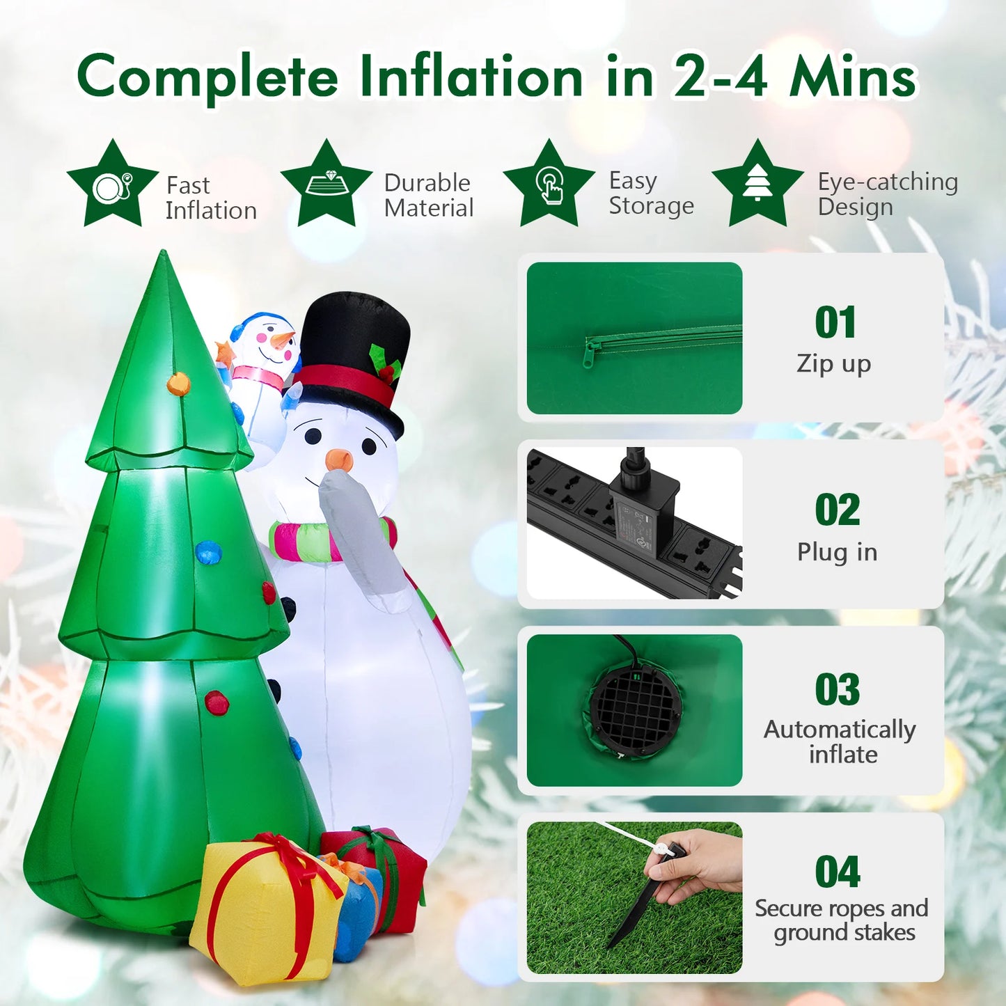 6 FT Inflatable Christmas Tree with Snowmen & Gift Boxes Blow up Xmas Decoration