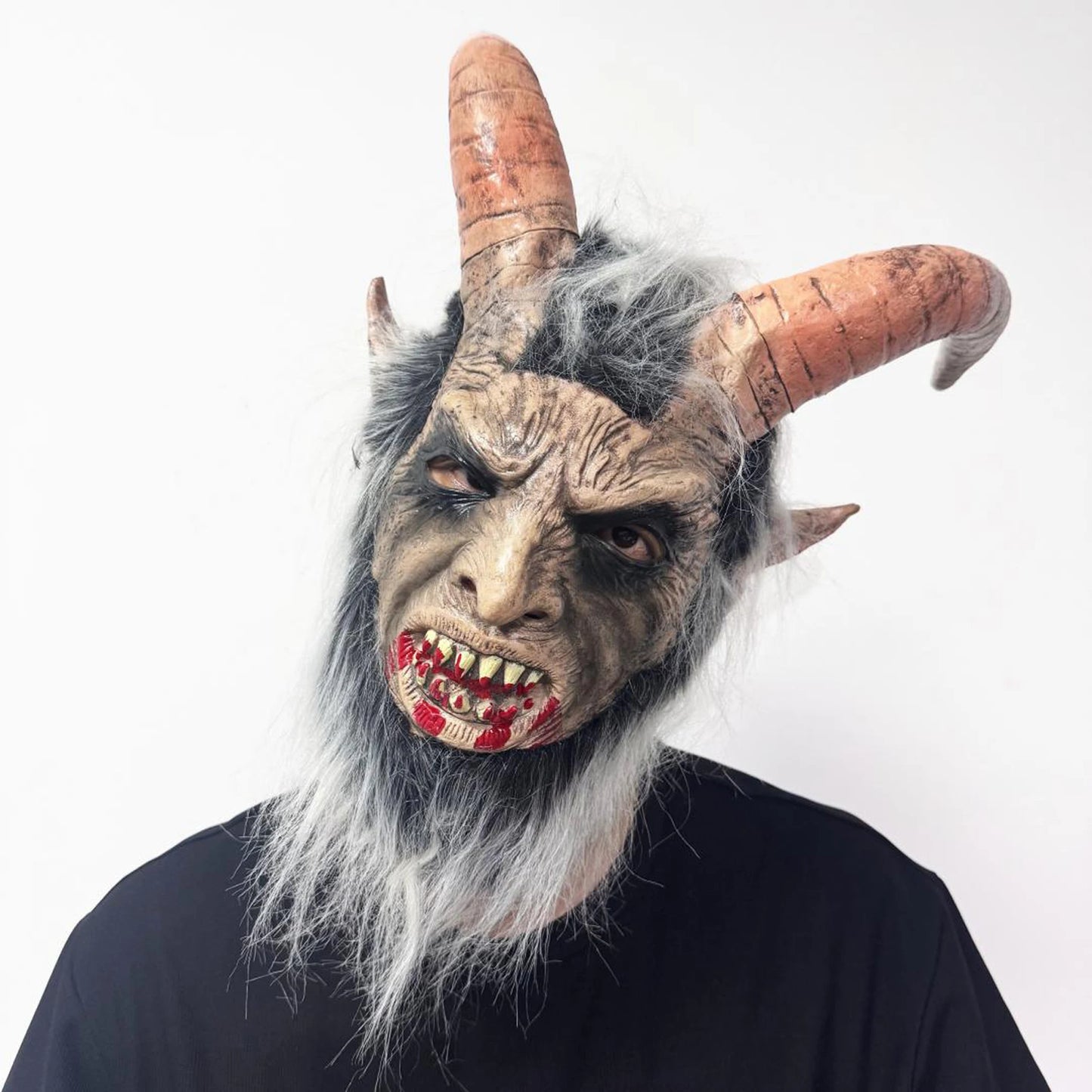 Demon Latex Mask with Horns and Bloodied Mouth for Halloween Party Costume Headgear and Cosplay Accessories