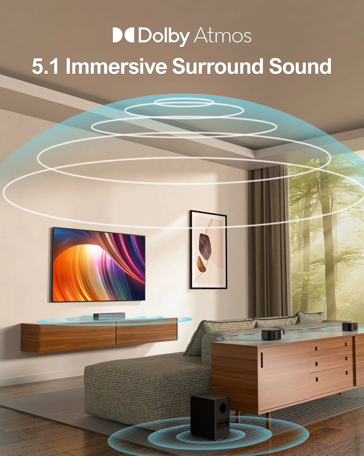 5.1 Soundbar with Dolby Atmos, 3D Surround System Soundbar for TV with Wireless Subwoofer,  APP Control, Home Theater TV