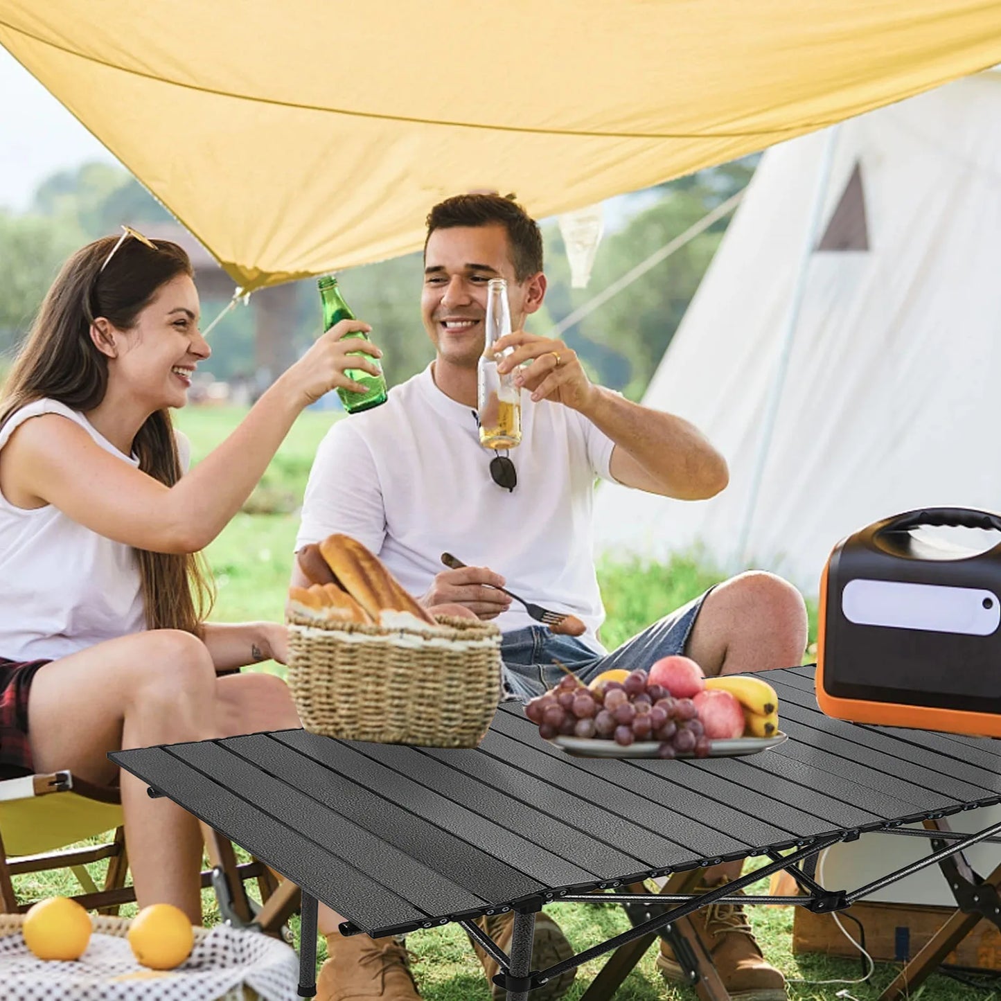 Folding Camping Table Multi Functional Black Portable Roll Up Outdoor Table 47.24in Carbon Steel Sturdy for Backyard BBQ Party