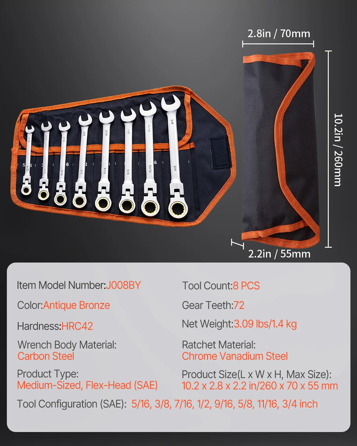 Flex-Head Ratcheting Wrench Set 8pcs Combination Wrench Set Roll-up Pouch Steel Flexible Ratcheting Wrench Set SAE Metric