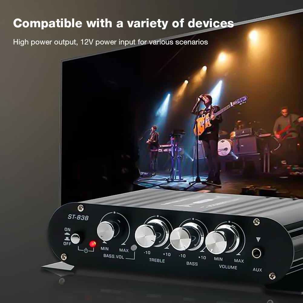 ST-838 HiFi 2.1 Channel Stereo Bass Sound Amp Bass and Treble Adjustment 80W*2 Audio Amplifier Black Car Home Amp