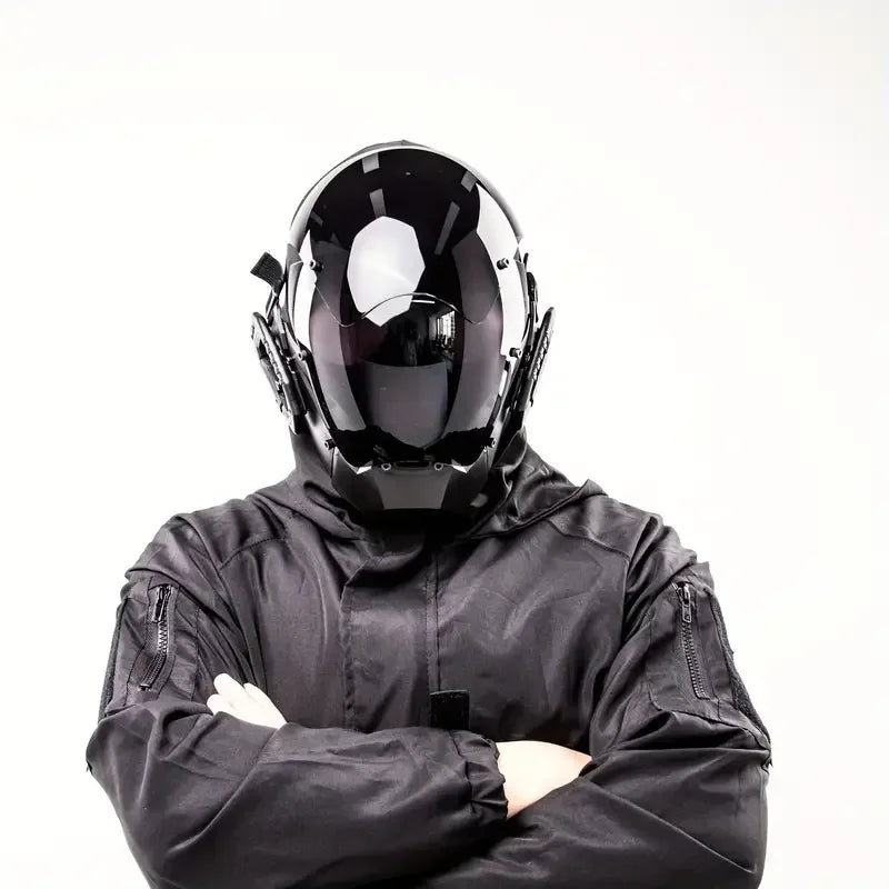 Handmade mechanical style Cyber futuristic technology mask, black unlit punk mask, Halloween party, party, dance, bar