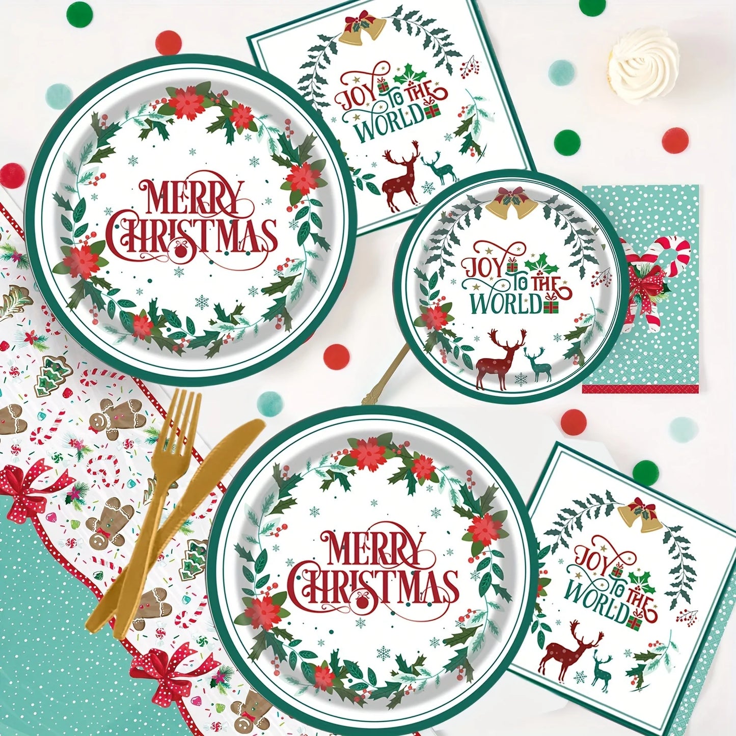 177 Pcs MERRY Christmas Disposable Plate : Holiday Poinsettia Flower Disposable Paper, Dinner Plates, Dessert Plates Tablewares